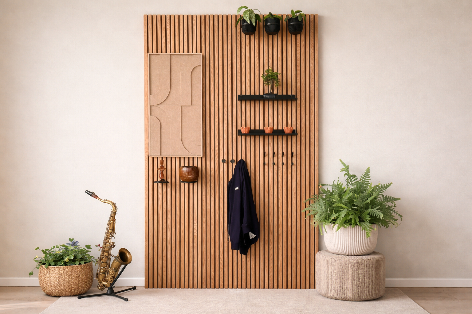 AkuStyle accessoires op akoestische lattenwand – kapstokhaken, wandplank, plantenringen en wandlamp in sfeervolle woonkamer