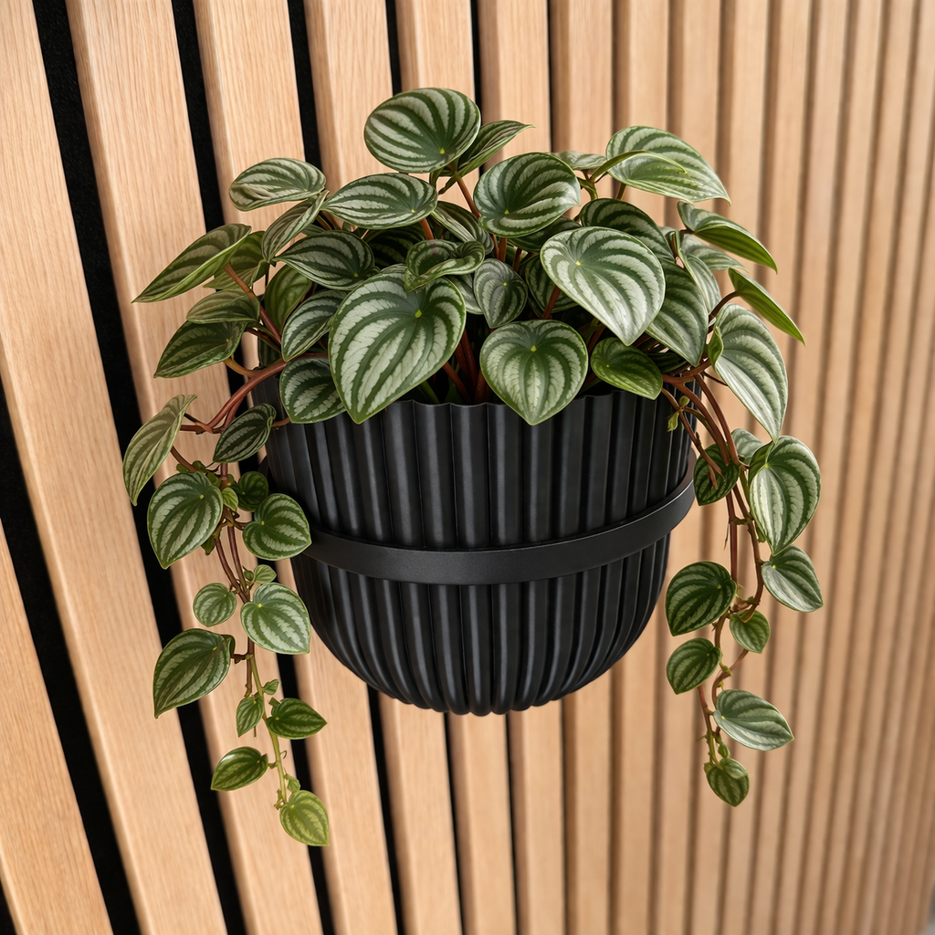 AkuStyle plantenring – zwart metaal met plant op akoestisch paneel (vooraanzicht)