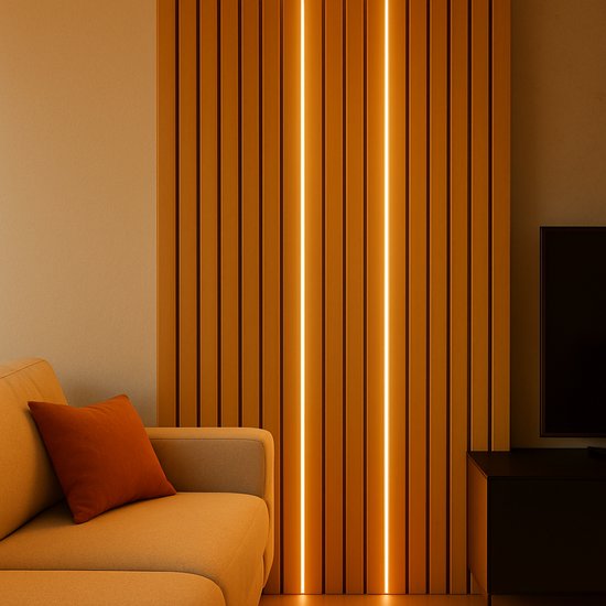 AkuStyle LED strip set van 2 – warm wit verlicht op lattenwand